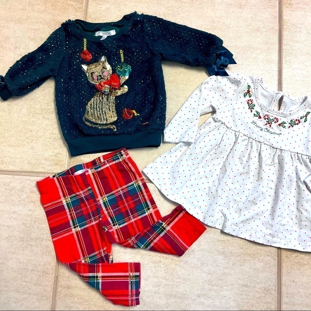 Tahari Xmas 3-piece set baby girl 12M velvet green sparkle sequin kitten sweater